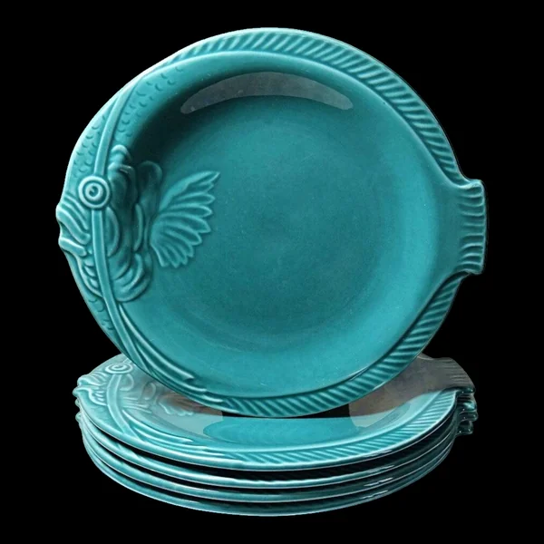 5 assiettes plates poisson en faïence turquoise, années 60-70