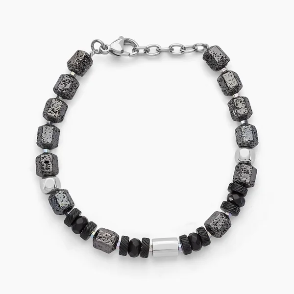 Bracelet Dark Pearl Acier Bicolore Pierre De Lave Hématite