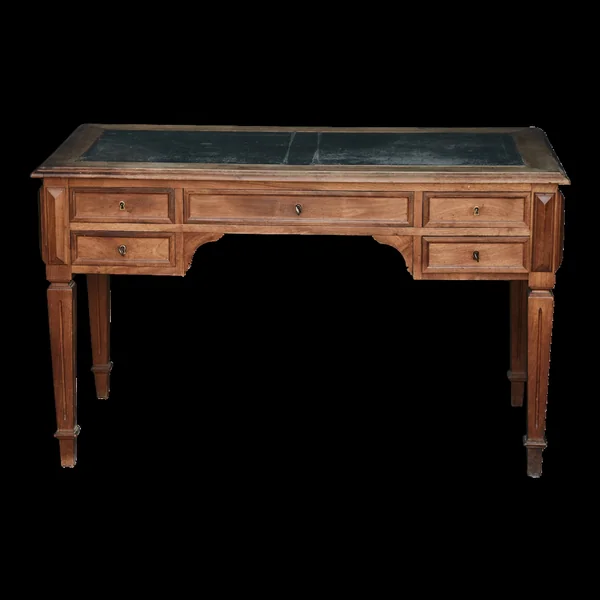 Bureau ancien en bois avec plateau gainé et 5 tiroirs