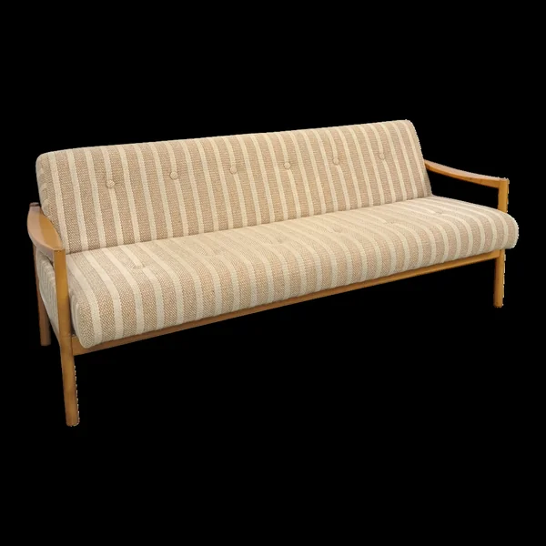 Canapé-lit beige rayé avec cadre en bois