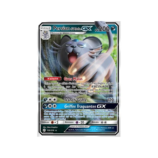Carte Pokémon Persian d'Alola-GX 129/236 Ultra Rare Éclipse Cosmique