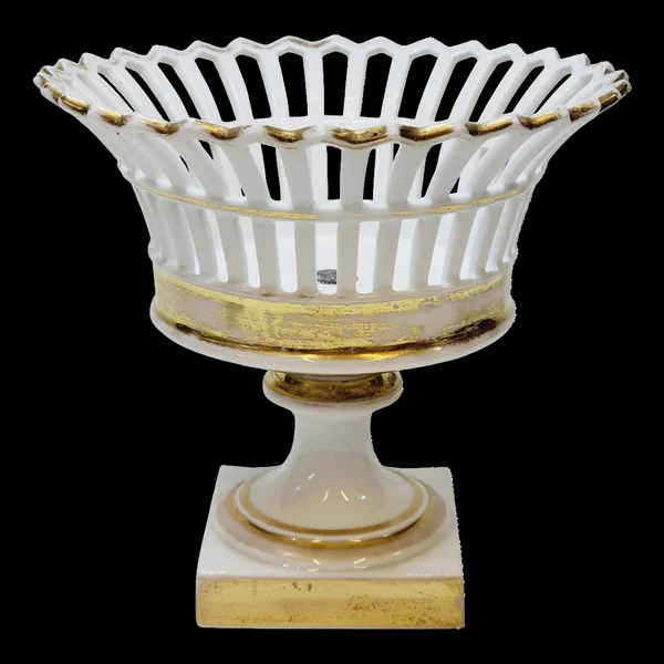 Coupe Sur Piédouche Corbeille Ajourée Porcelaine Blanc Et Or Restauration E