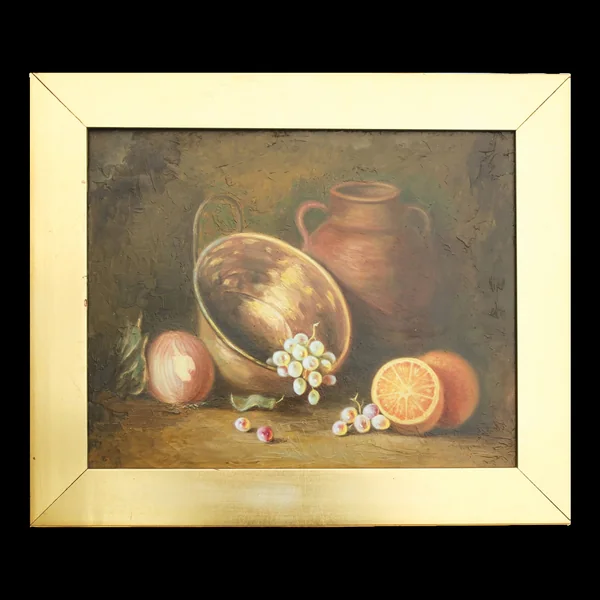 Cuadro al óleo con frutas. Bodegón con frutas y objetos de cobre y barro.