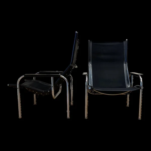 Ensemble 2 fauteuils relax cuir noir et chrome design " hans eichenberger"