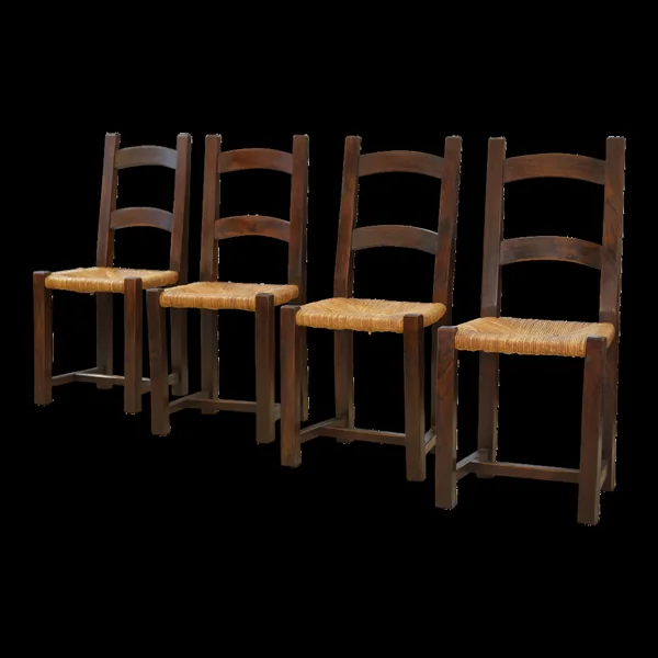 Ensemble de 4 chaises en orme et paille par Aranjou, 1950