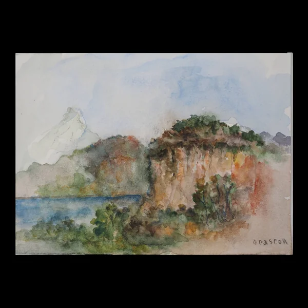 Gilbert Pastor : Sommet enneigé derrière une colline, aquarelle originale signée