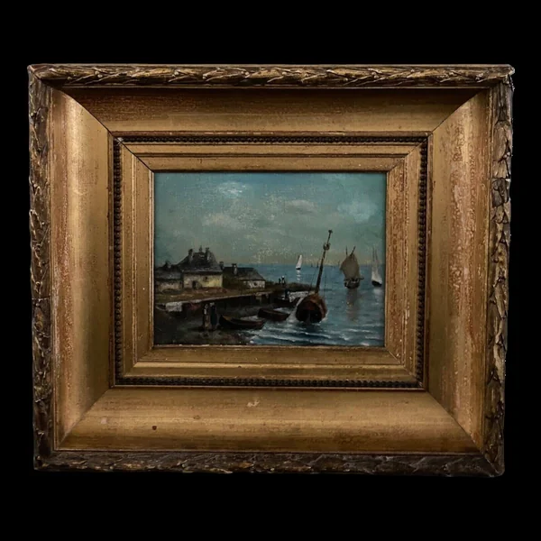 Huile sur panneau scène de marine signée XXe cadre doré à la feuille