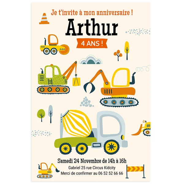Invitation à personnaliser - Engins de chantier