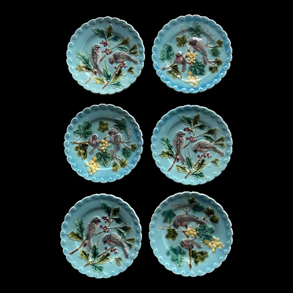 Lot de 6 Assiettes Barbotine Sarreguemines Turquoise - Oiseaux & Fruit