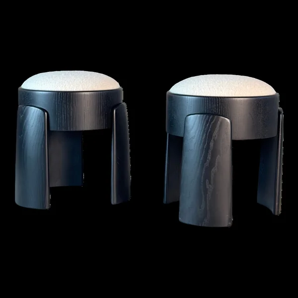 Pair of Black Ash Sculptural Stools with Dedar Milano Bouclé, by FORME