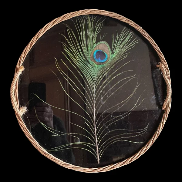 Plateau en rotin vintage plume de paon