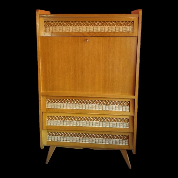 Secrétaire vintage en bois et rotin