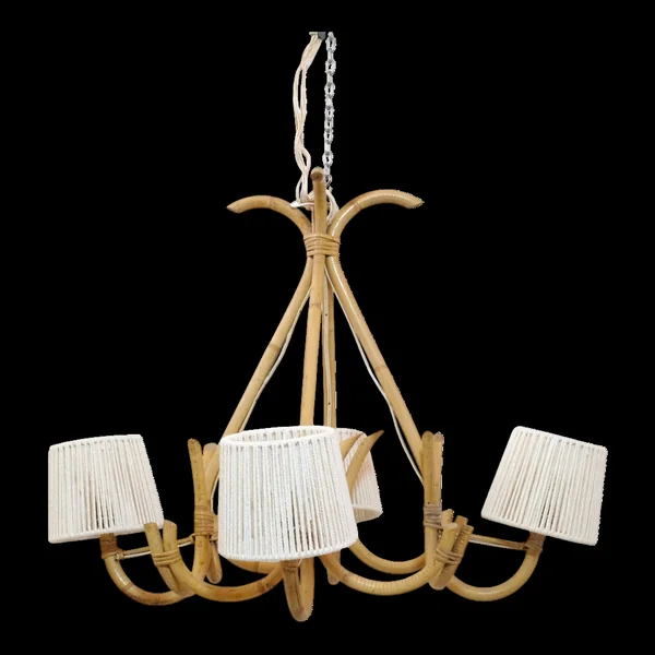 Suspension à 4 feux en rotin et corde, 1960-1970.