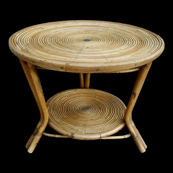Table basse en rotin, tripode, avec double plateau, années 60