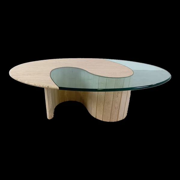Table basse en travertin et verre années 1970