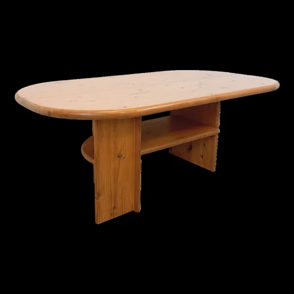 Table basse moderniste rectangulaire ovale vintage en pin massif des années