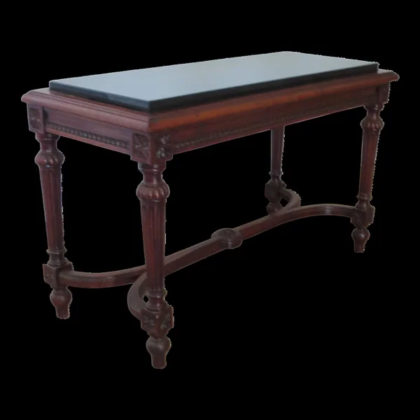Table basse -plateau marbre noir-Style Louis XIII-Pietement à entretoise H