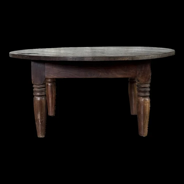 Table basse ronde ancienne en teck indonésienne pieds droits