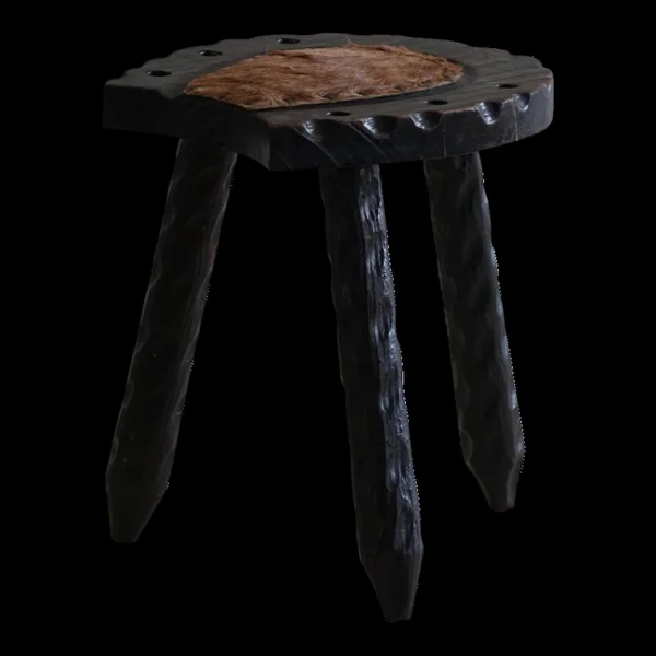 Tabouret tripode suédois en pin et cuir de vache, Wabi Sabi, années 1950