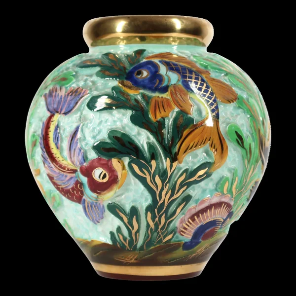 Vase boule en céramique Cerdazur Monaco décor marin en relief, touches doré